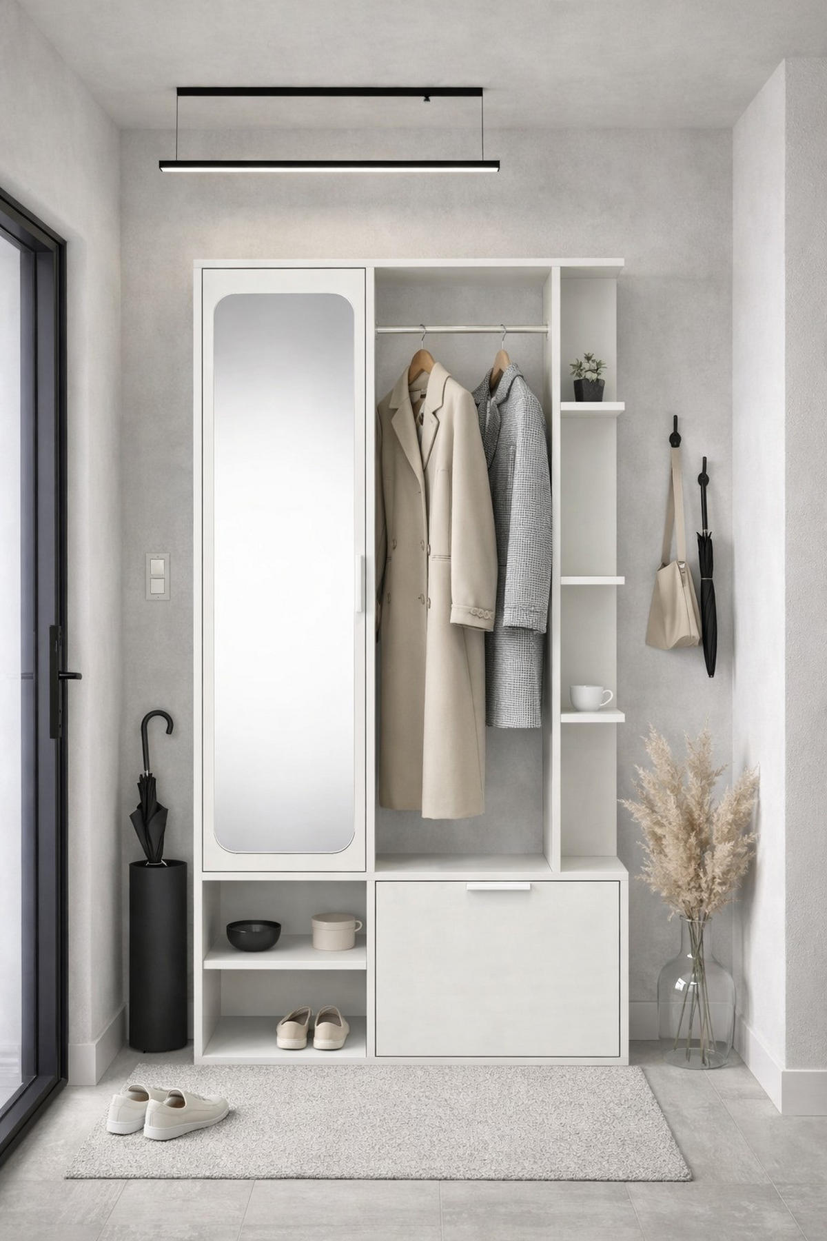 GARDEROBE Mela mit Spiegel, Sitzbank & Kleiderstange – 100/189/33 cm – Weiß - Weiß, Holzwerkstoff/Metall (100/189.4/33cm) - WFL GROUP