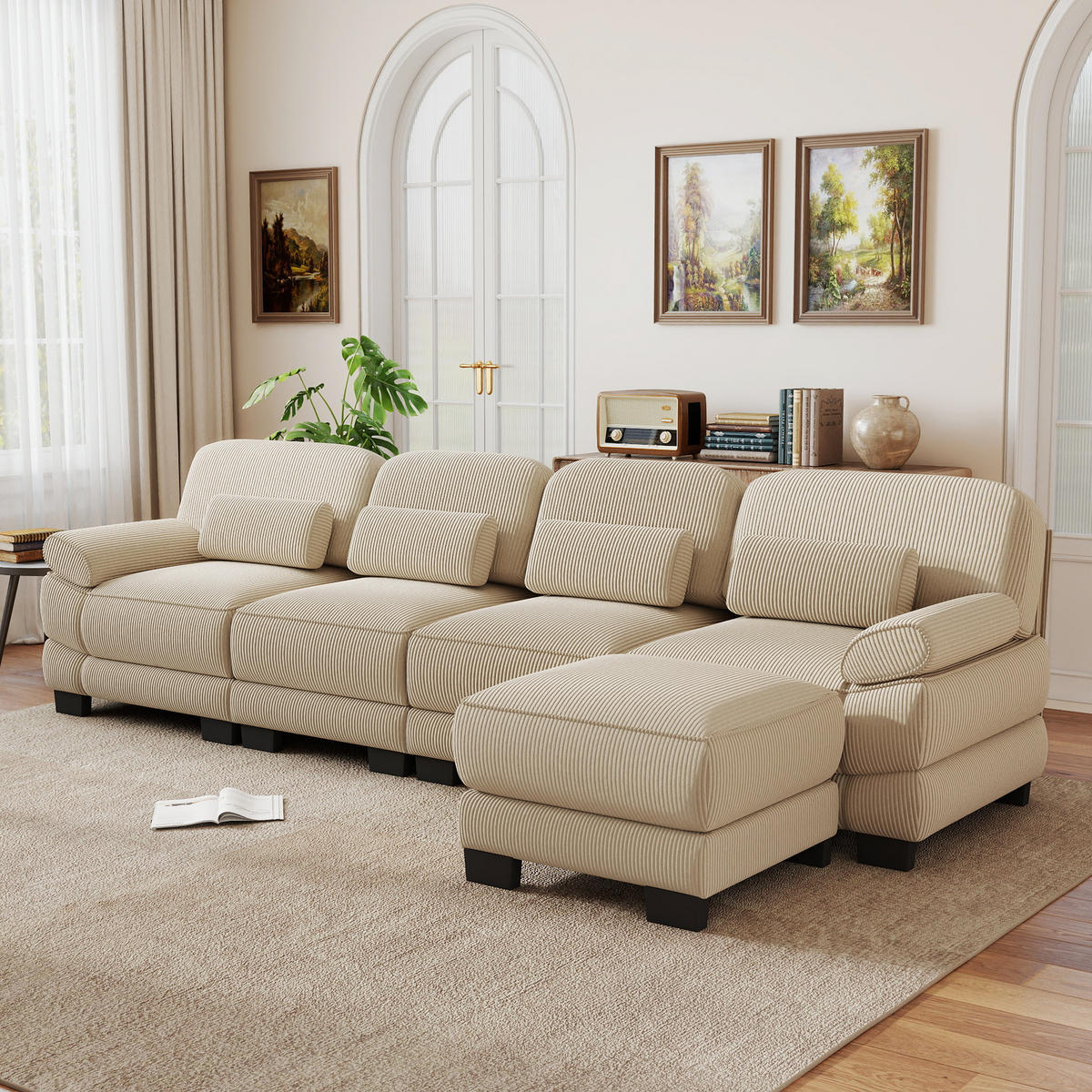 ECKSOFA 4-Sitzer L-Form mit Hocker, DE-42659, Beige - Beige, Holz (336/161cm) - ComfortXL
