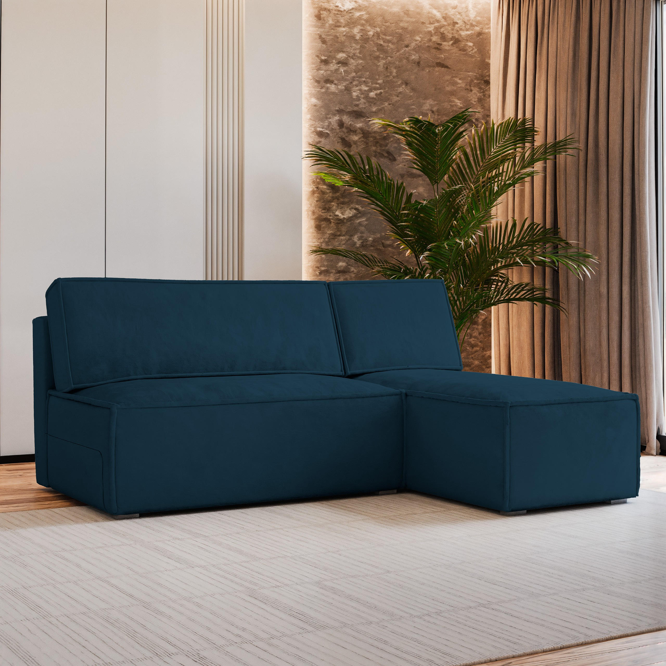 ECKSOFA BRISO M Blau Velours-Stoff mit Schlaffunktion - Blau, Holz (200/140cm) - MASSENO