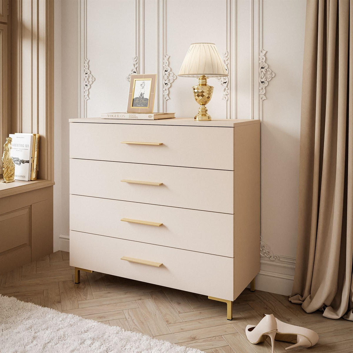 KOMMODE LINA KASCHMIR 4S mit Schubladen und LED-Beleuchtung Goldene Beine und Griffe - Kaschmir/Goldfarben, Holzwerkstoff (95/86/40cm) - Lookway