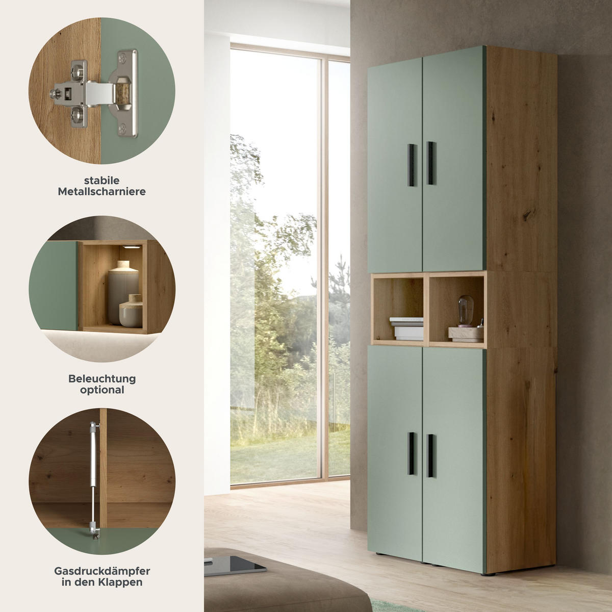 WOHNKOMBINATION THE ONE (B/H/T: ca. 65/178/34 cm) in Artisan Oak Nachbildung/Smoke Green - Eiche Artisan, Holzwerkstoff (65/178/34cm)