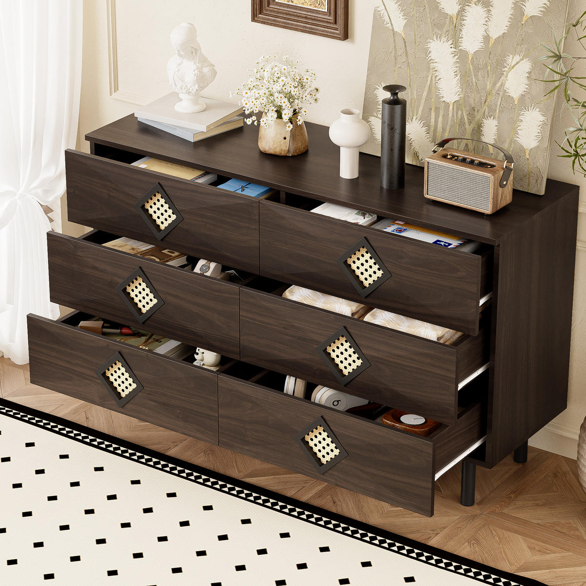 SIDEBOARD 6 Schubladen Rattan-Griff für Schlafzimmer & Wohnzimmer - Walnussfarben, Holzwerkstoff (40/74/120cm) - FLIEKS