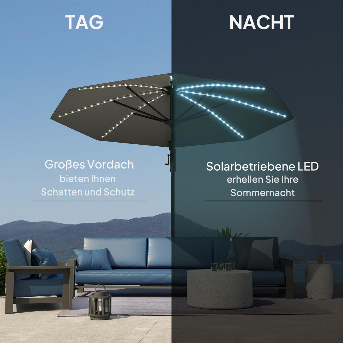 AMPELSCHIRM DE-05688 LED Solar, höhenverstellbar mit Kurbel Dunkelgrau - Dunkelgrau, Textil/Metall (294/360cm) - ComfortXL