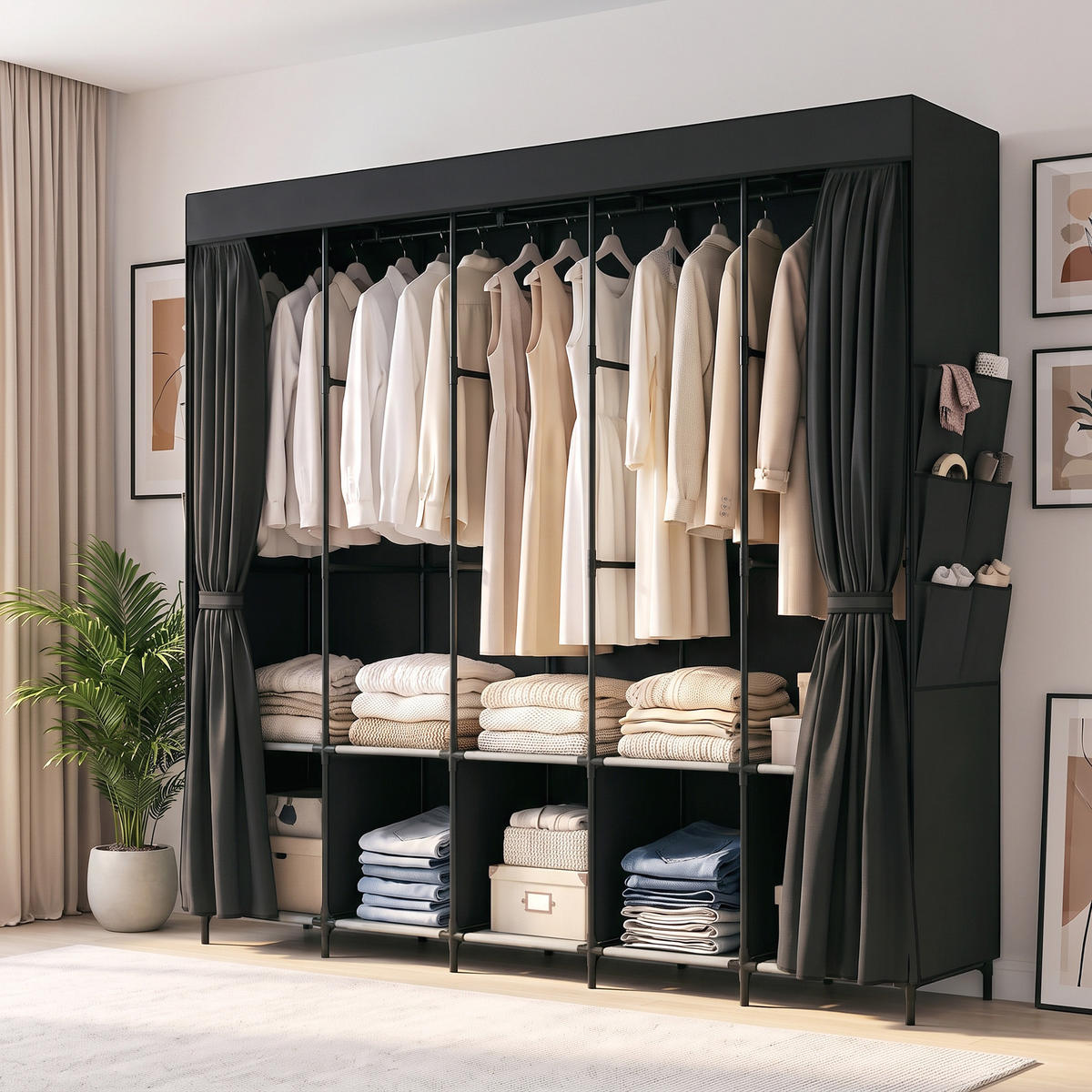 STOFFSCHRANK Stahl Vliesstoff Schwarz - Schwarz, Textil/Metall (45/167/212cm) - HOMCOM