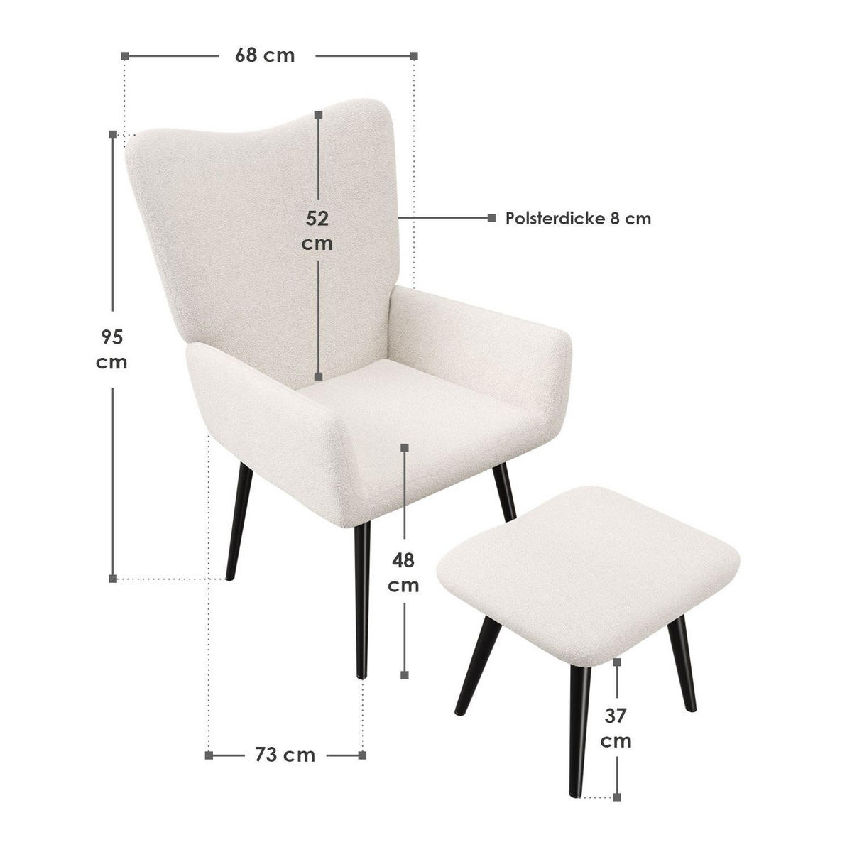 OHRENSESSEL Odense mit Hocker Bouclé Beige - Beige, Textil (68/95.1/73cm) - Juskys