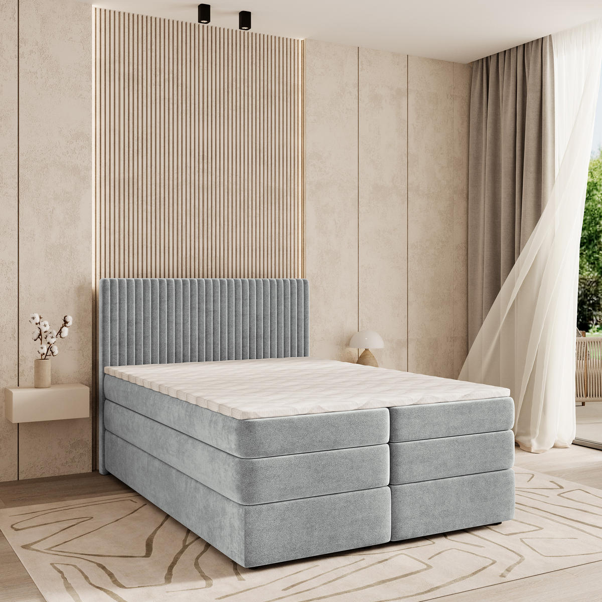 BOXSPRINGBETT FELBIO 160x200 cm mit Matratze und Topper - Hellgrau - Hellgrau, Holz (160/200cm) - MASSENO
