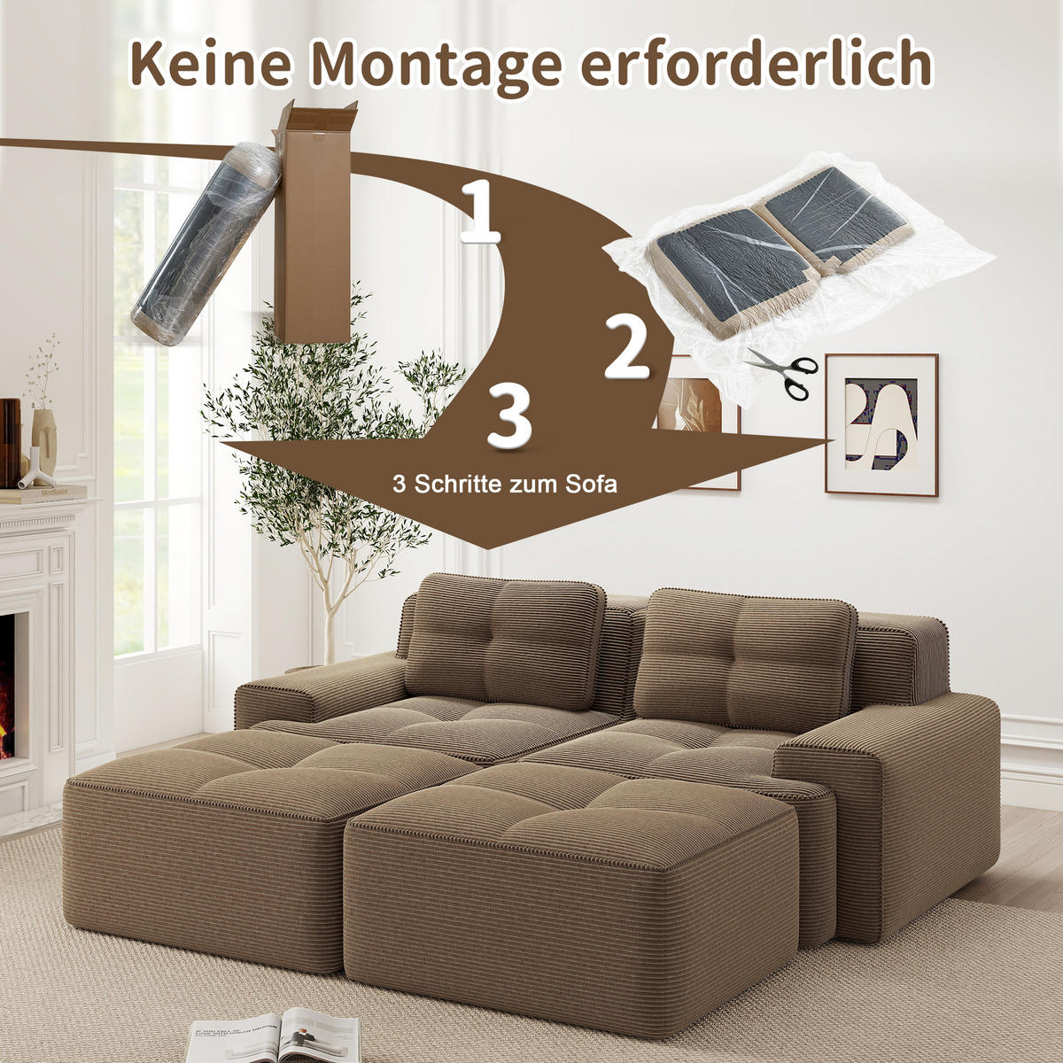 WOHNLANDSCHAFT DE-34113 2-Sitzer mit Ottoman Braun - Braun, Textil (177/69/204cm) - ComfortXL