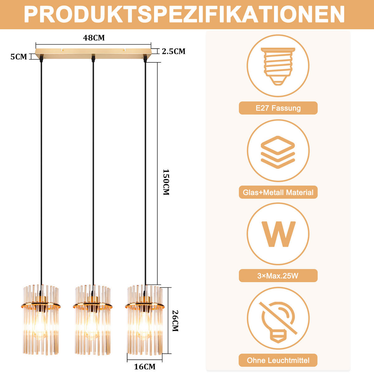 PENDELLEUCHTE Joseph 48/5/150 cm - Goldfarben, Glas (48/5/150cm) - ZMH
