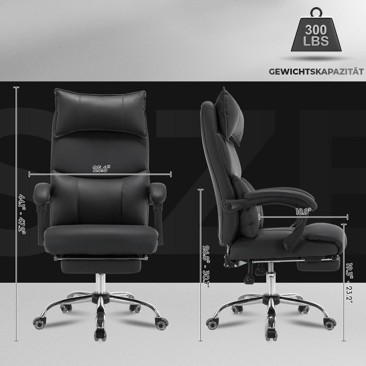 CHEFSESSEL DE-40977 mit doppelt verstellbarer Lendenwirbelstütze Schwarz - Schwarz, Metall (65/120/48cm) - ComfortXL