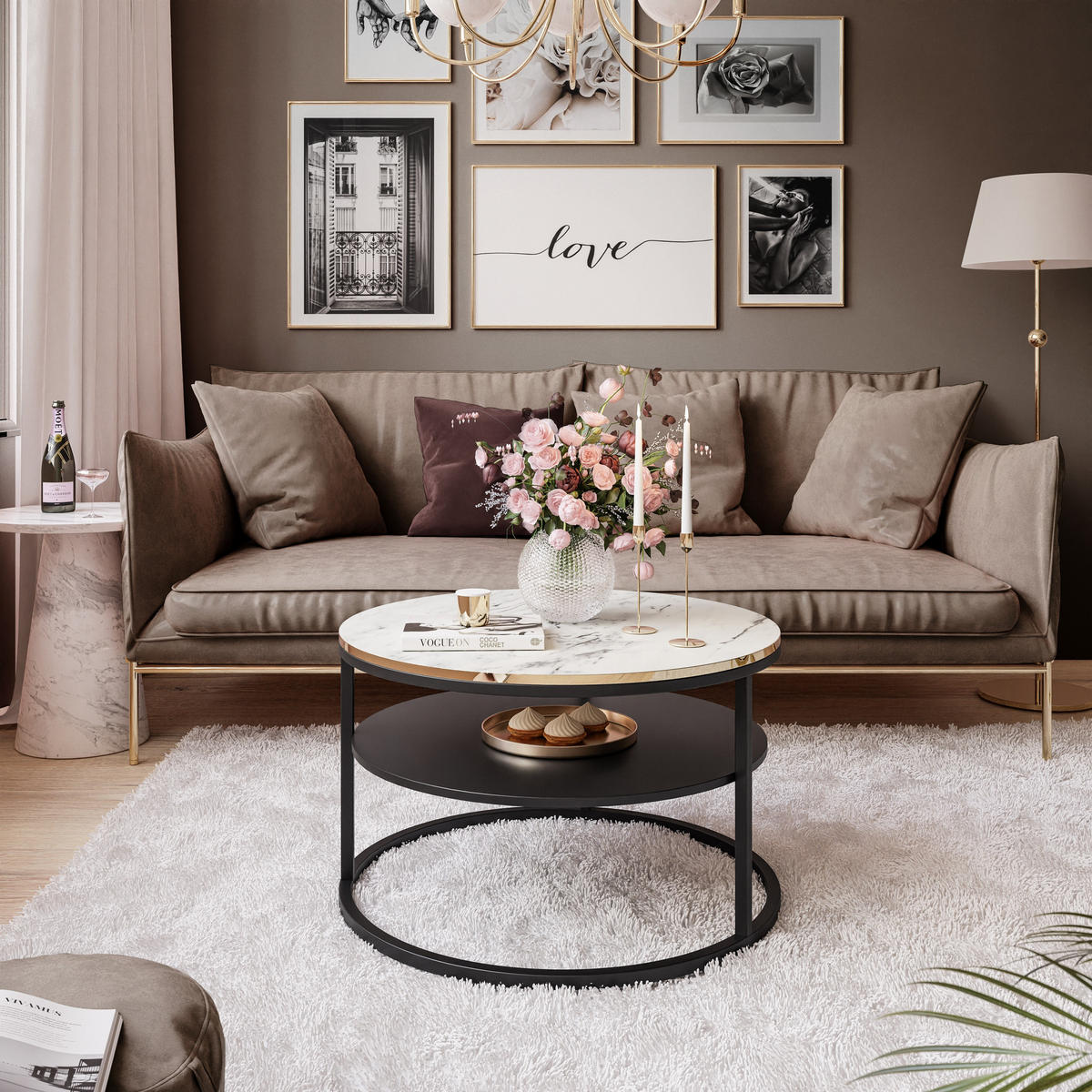COUCHTISCH COREIL MARMUR mit Ablage Schwarz / Carrara Marmor - Schwarz/Weiß, Holzwerkstoff (70/70/49cm) - Lookway