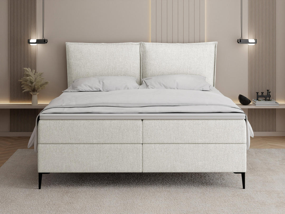 BOXBETT Calio Rise mit Bettkasten, Weiß Chenille 180x200 cm – inkl. H4 Taschenfederkern Matratze & Foam Topper - Schwarz/Weiß, Holz/Holzwerkstoff (180/200cm) - WFL GROUP