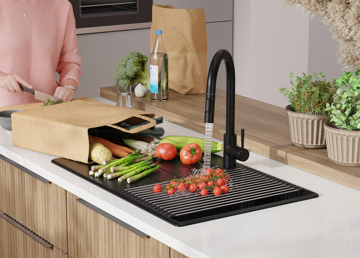 GRANITSPÜLE Kopenhagen, 2-er set Alles Schwarz 78/50 cm 1 Becken + Küchenarmatur 40/20 cm + Ablauf-Set + Schneidebrett ab 45er Unterschrank - Beige/Schwarz, Kunststoff (78/20/50cm) - Primagran