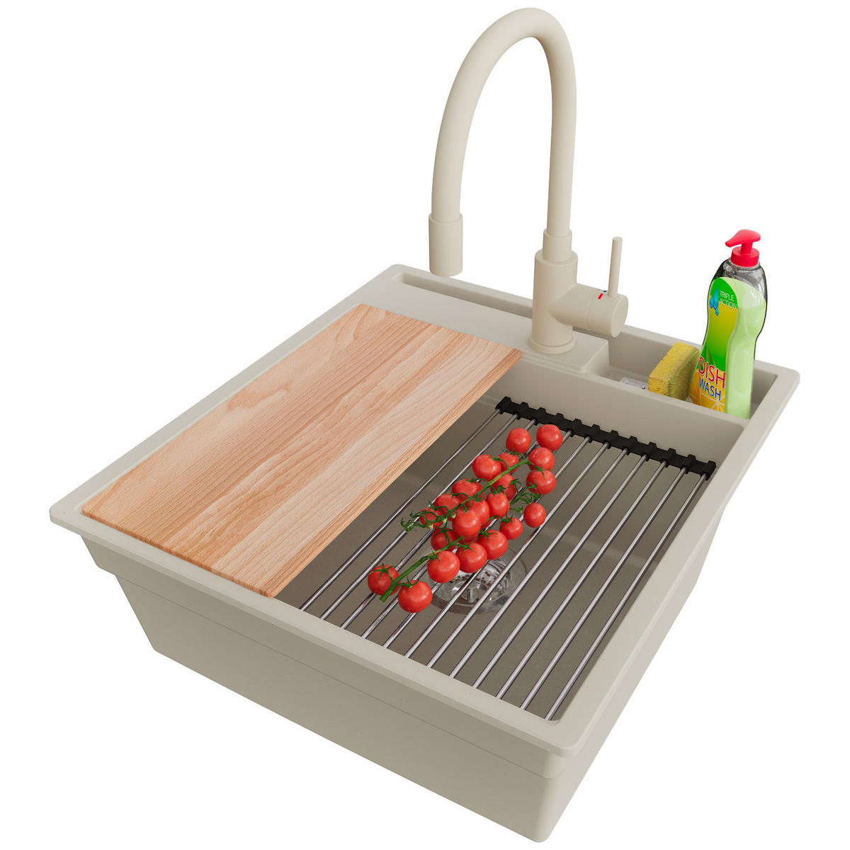 GRANITSPÜLE Oslo Pocket, 2-er set Beige 48/53 cm 1 Becken + Küchenarmatur 38/14 cm + Ablauf-Set + Küchenzubehörset ab 50er Unterschrank - Chromfarben/Beige, Kunststoff (48/20/53cm) - Primagran