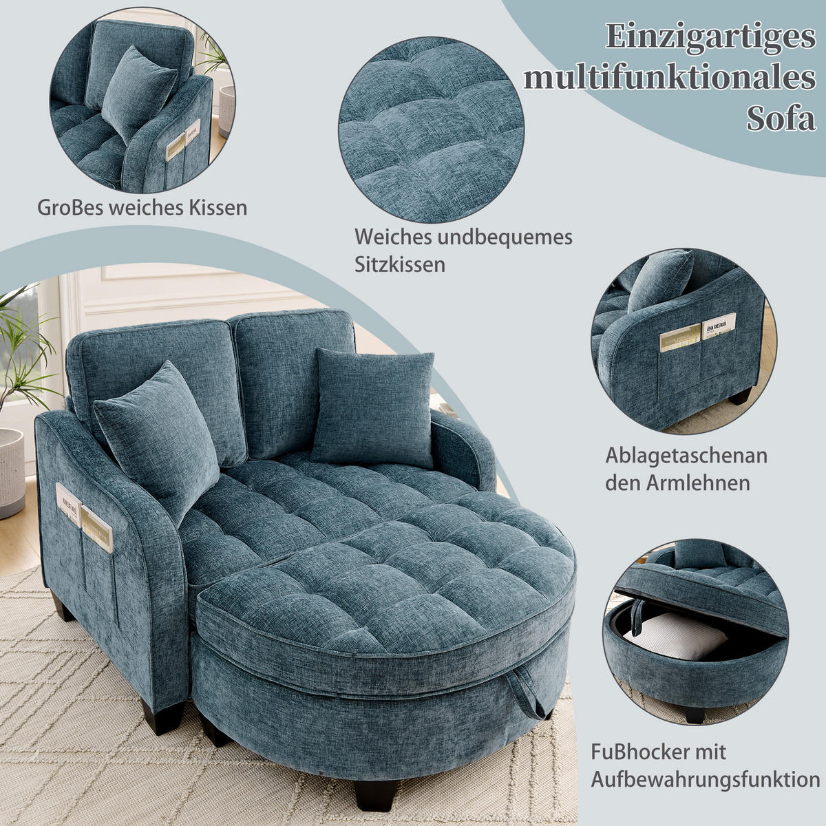SOFA Chenille Blau mit Hocker und Schlaffunktion - Blau, Holzwerkstoff/Kunststoff (132/93/129cm) - WISHDOR