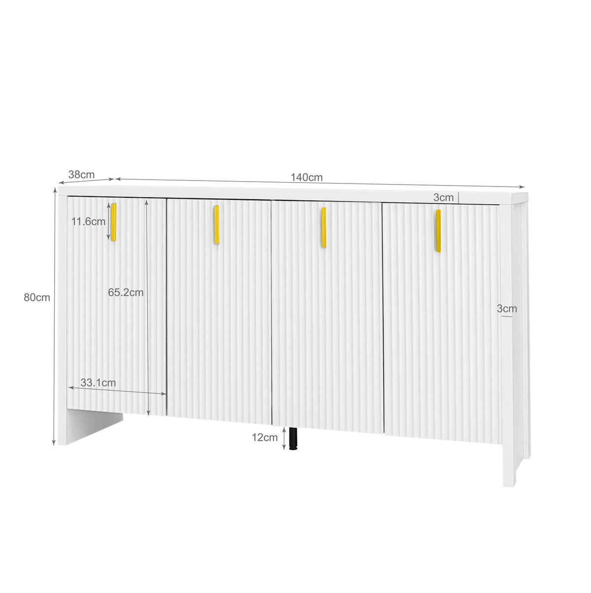 SIDEBOARD aus Spanplatte 140x38x80 cm Weiß mit 4 Türen, verstellbaren Einlegeböden und goldfarbenen Griffen - Weiß, Holzwerkstoff (140/80/38cm) - IVMEU