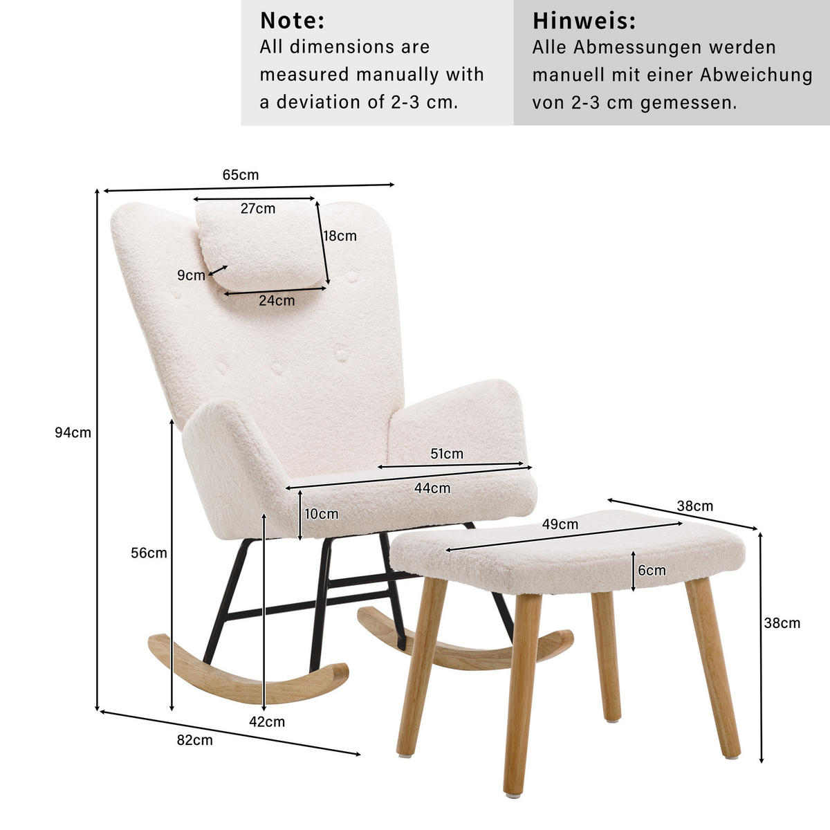 SCHAUKELSTUHL Teddyplüsch Weiß mit Fußstütze Nackenkissen - Weiß, Textil (65/94/82cm) - FLIEKS