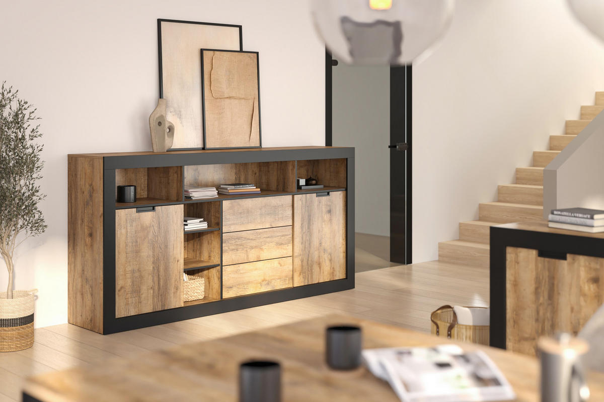 SIDEBOARD DAVOR 220x45x109 cm mit 3 Schubladen und 2 Türen Eichefarben - Braun, Holzwerkstoff (220/109/45cm) - MASSENO