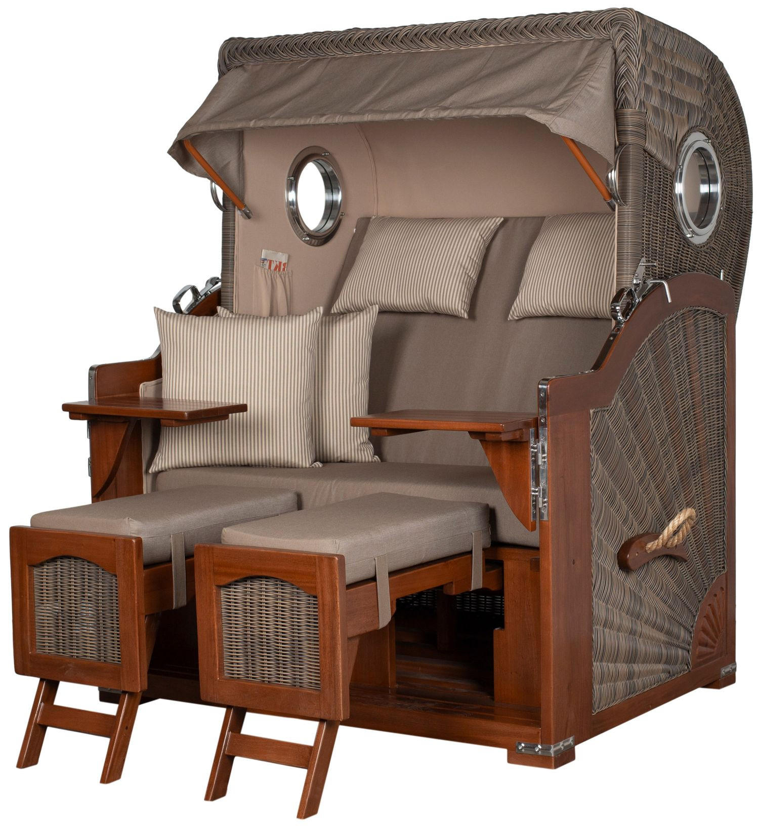 STRANDKORB Komplettset: Ammersee Mahagoni Bullauge - PE grau - Modell 534 - Beige/Braun, Holz/Kunststoff (125/165/80cm) - bene living