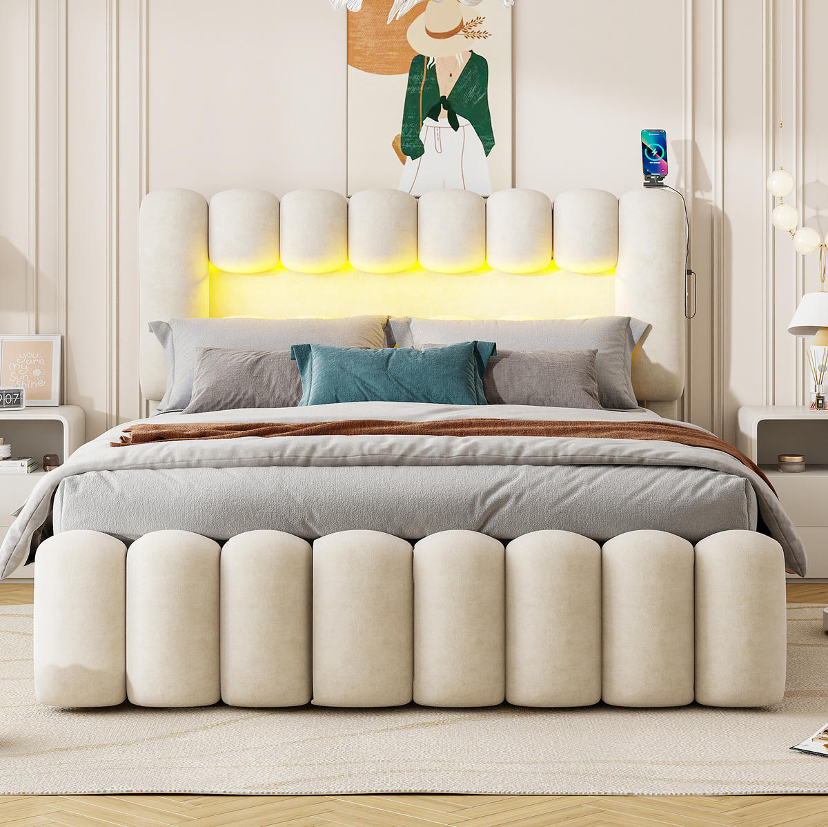TAPECIRANI krevet 160/200 cm s 4 ladice, LED osvjetljenjem, USB priključkom i zvučnicima, Bež - bež, tekstil (160/200cm) - Redom