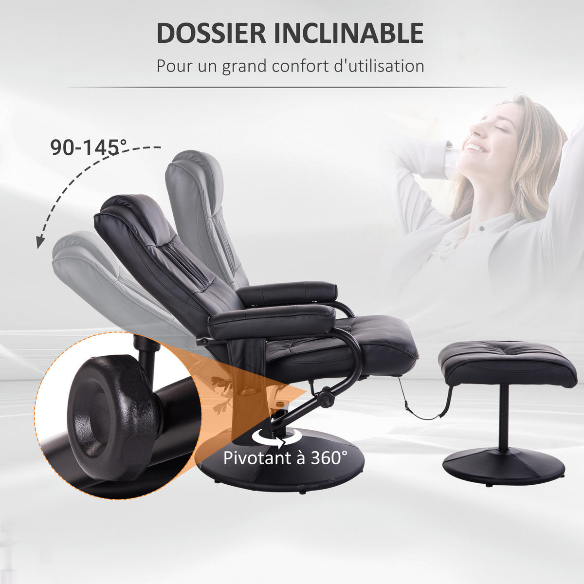 MASSAGESESSEL Schwarz mit Massagefunktion und Liegefunktion 77/84/95 cm - Schwarz, Leder (77/95/84cm) - PANGIVO