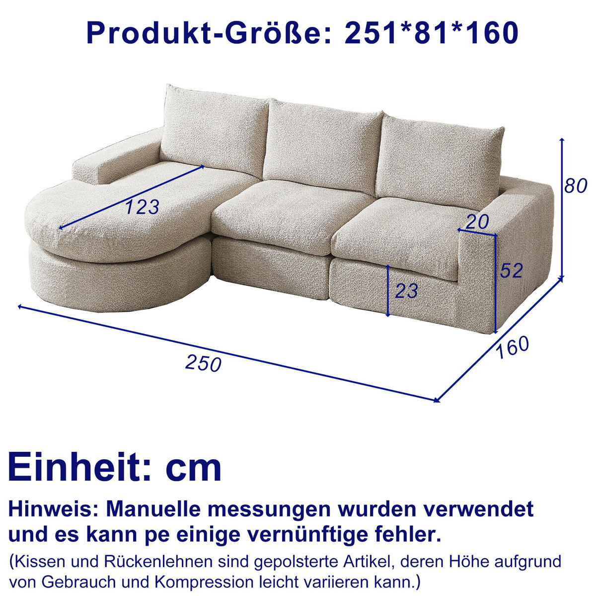 ECKSOFA 250/160/80 cm beige aus Chenille mit Recamiere und Kissen - Beige, Textil (160/250cm) - OKWISH