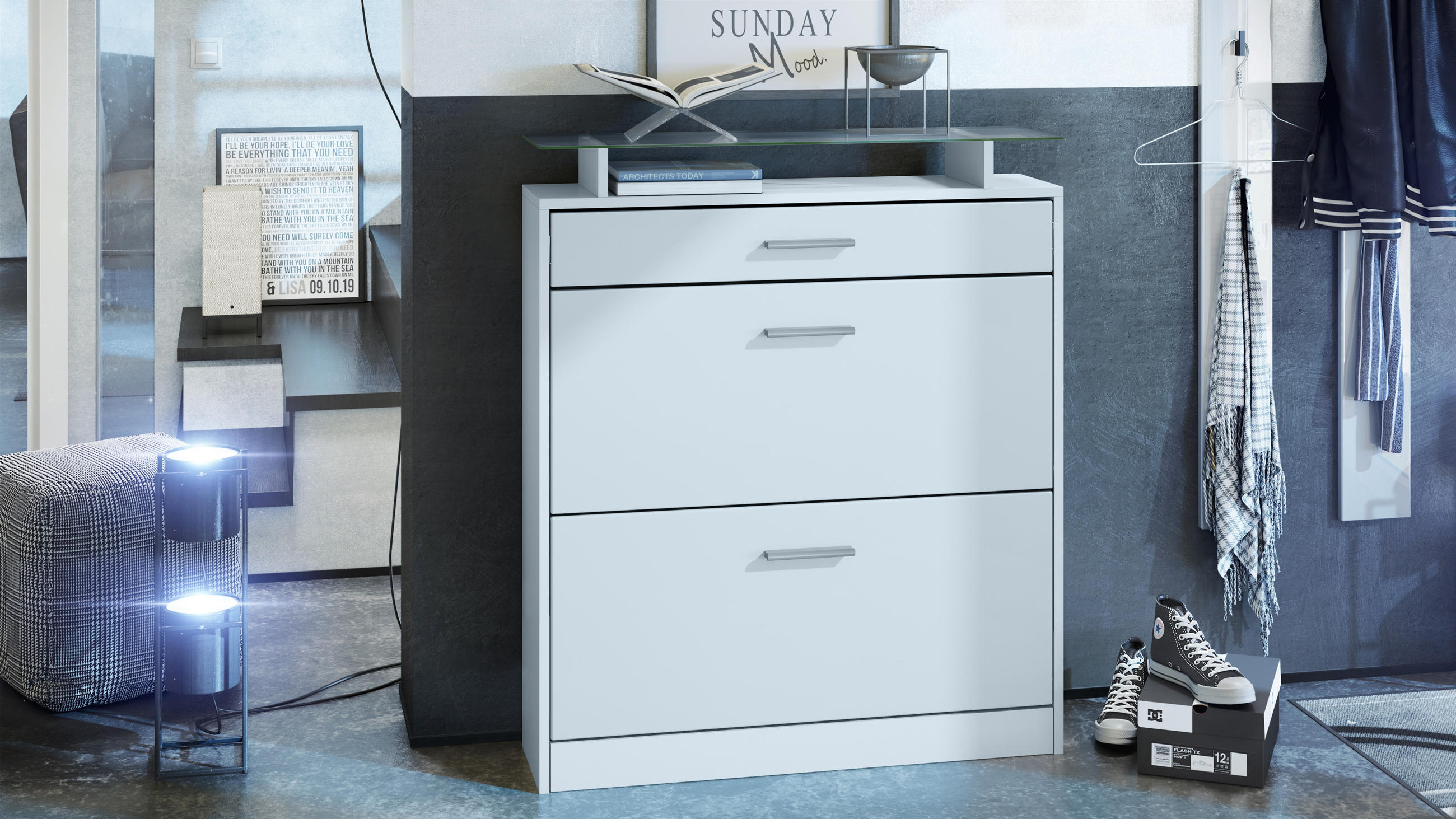 SCHUHSCHRANK Loret Front in Weiß matt - Weiß, Holzwerkstoff (89/104/23cm) - Vladon
