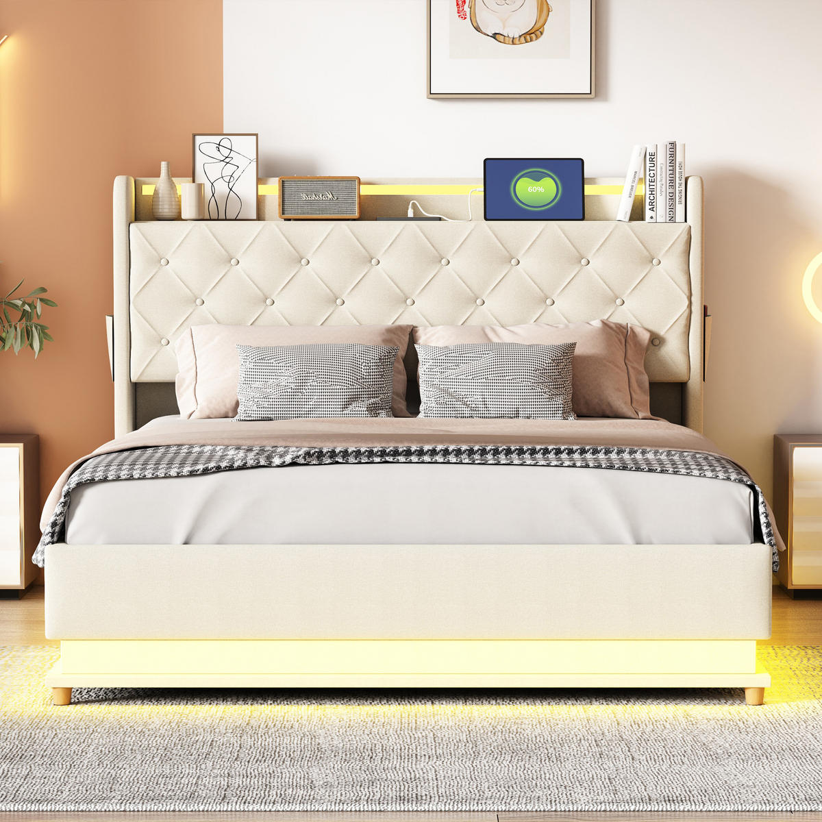 STAURRAUMBETT 140/200 cm DE-01797, in Beige, mit LED, USB und hydraulischer Lagerung - Beige, Metall (140/200cm) - ComfortXL