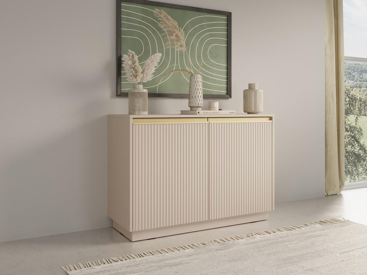 KOMMODE Loren 104 cm mit zwei Türen und geriffelten Fronten in Kaschmirfarbe - Kaschmir/Goldfarben, Holzwerkstoff/Metall (104/72/39cm) - Ravio