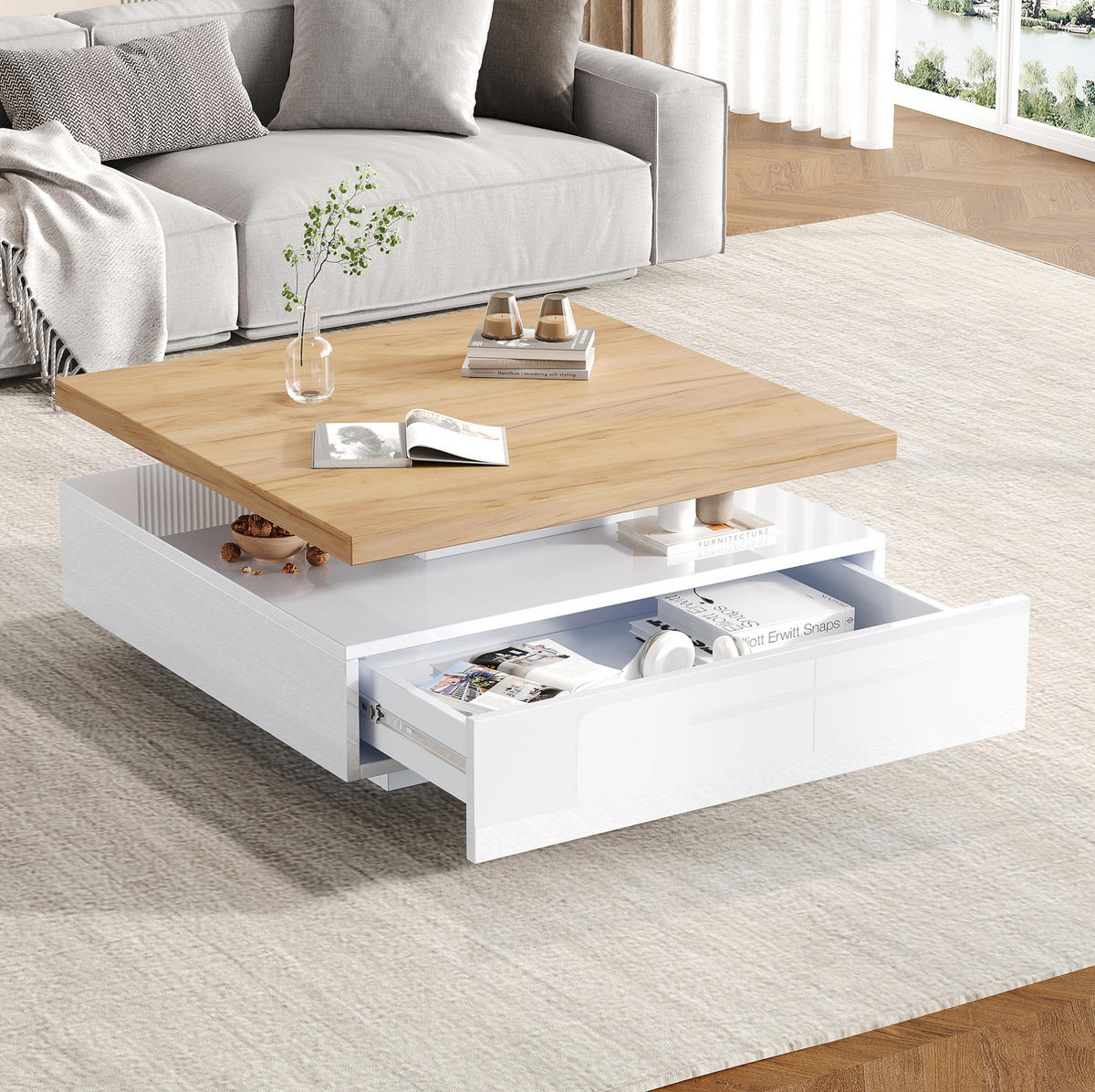 COUCHTISCH drehbar 70x70 cm Weiß Walnuss mit Schublade - Weiß, Holzwerkstoff (70/70/36cm) - Meubliv