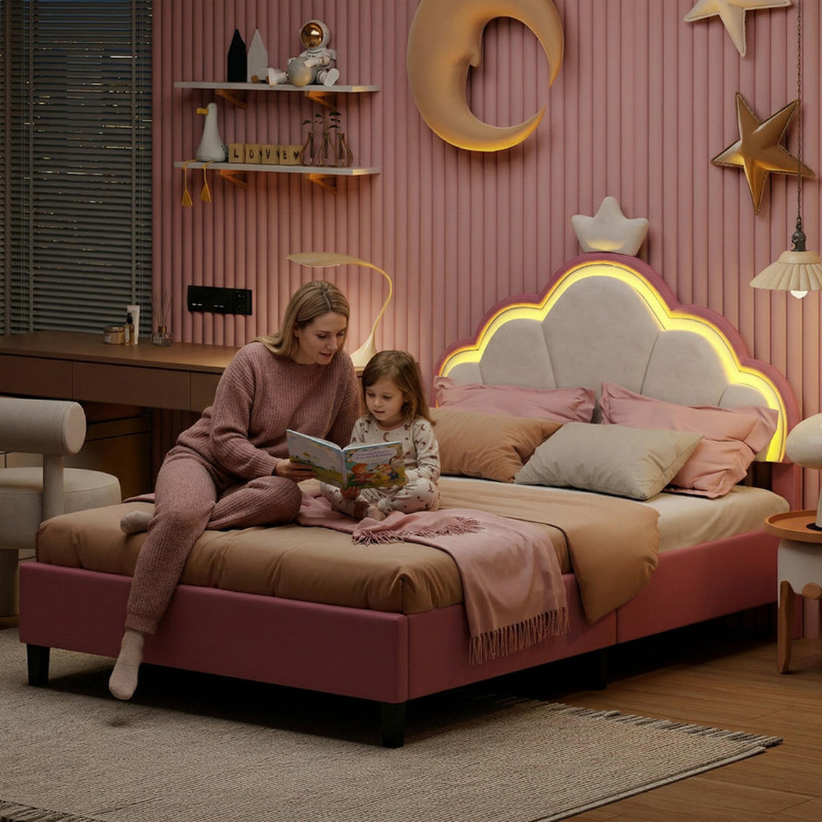 KINDERBETT 90/200 cm rosa mit Kronenkopfteil und LED - Rosa, Holz - SHOPENTRA