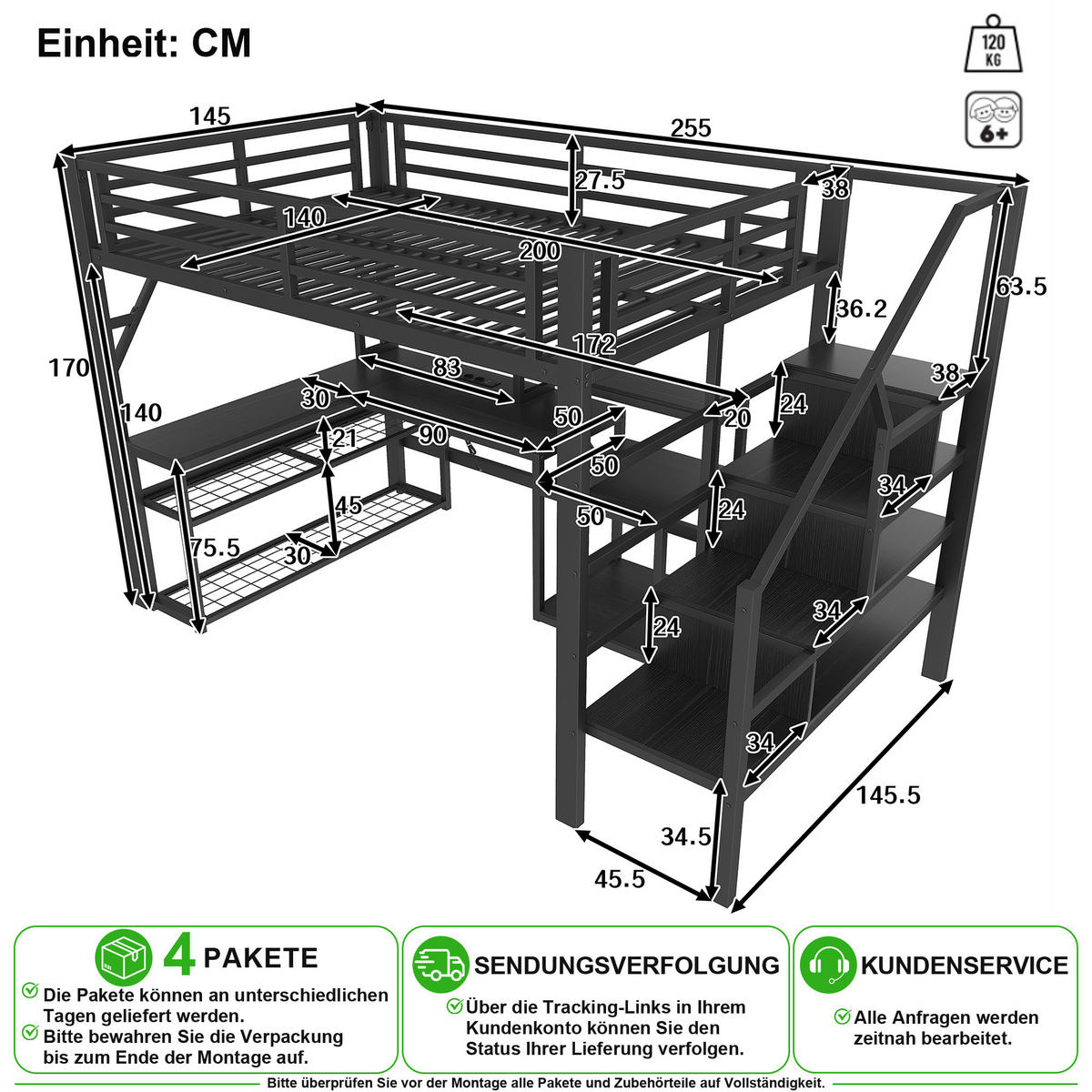 VYVÝŠENÁ POSTEL 140/200 cm v černé barvě s LED osvětlením, USB a pracovním stolem - černá, kov/kompozitní dřevo (140/200cm) - CHICFURN