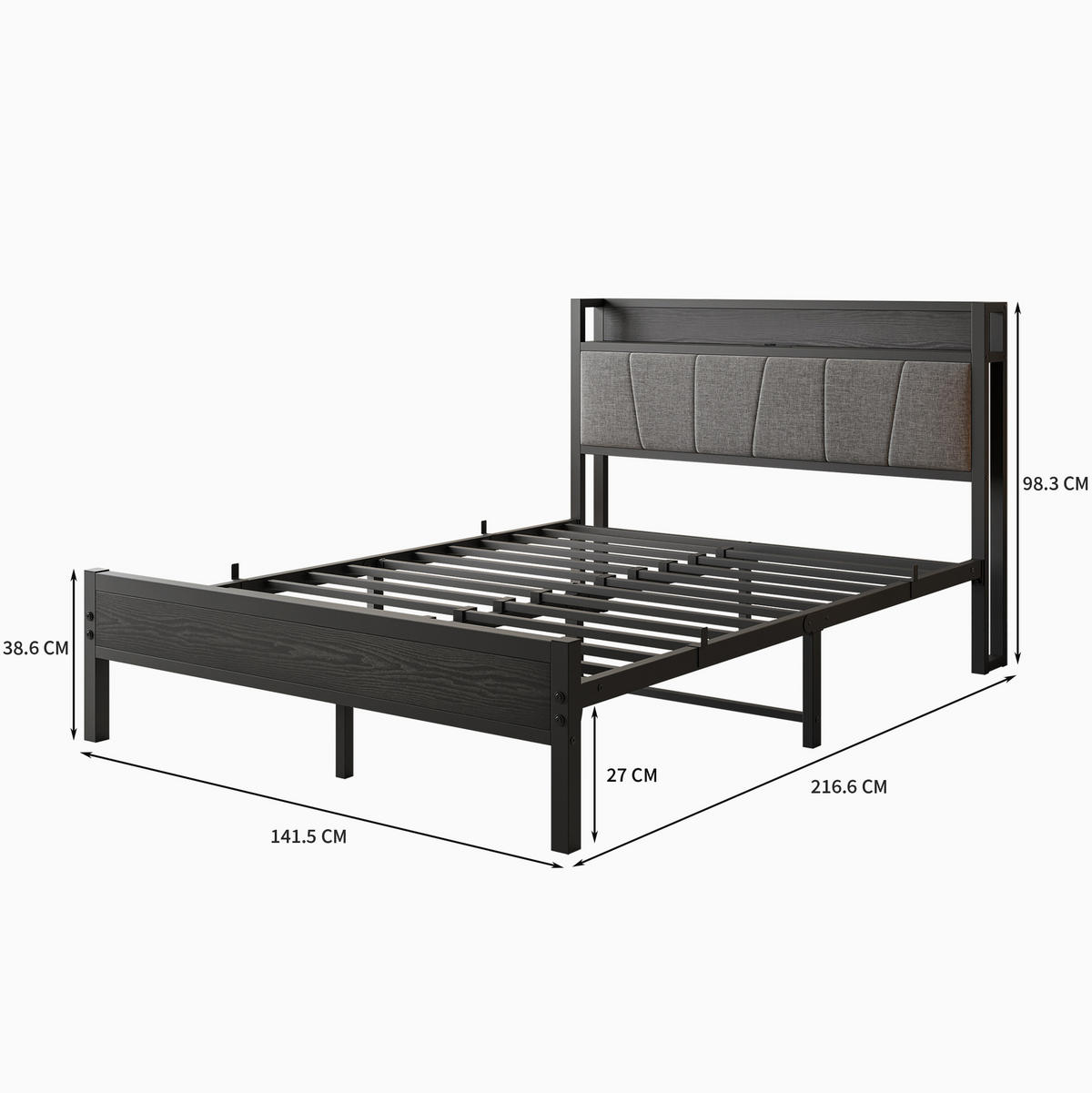 METALLBETT 140/200 mit Matratze und Gepolstertes Kopfteil Jugendbett mit Steckdose, 27 cm Bodenfreiheit - Schwarz/Grau, Holzwerkstoff/Textil (140/200cm) - STILVORA