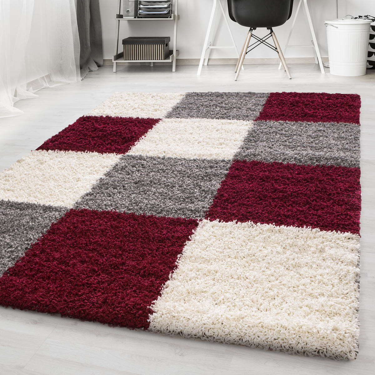 TEPPICH Hochflor Karo Polypropylen Wohnzimmer Shaggy Rot Läufer 60x110 - Rot, Textil (60/110cm) - KADIMA DESIGN