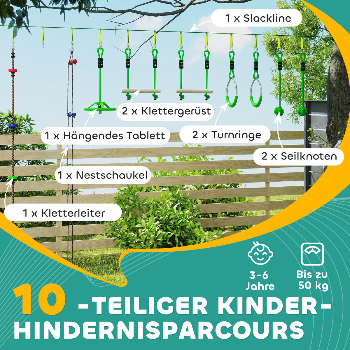 KINDER-KLETTERSEIL-SET, Grün, Kunststoff, Polyester - Grün, Kunststoff (5/1000cm) - AIYAPLAY