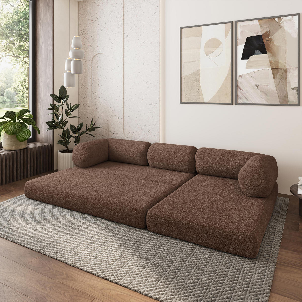 ROHOVÁ SEDAČKA KELI modulární Boneless pohovka s funkcí spaní, hnědá QUELLE 25 - hnědá, textil (270/160cm) - MASSENO