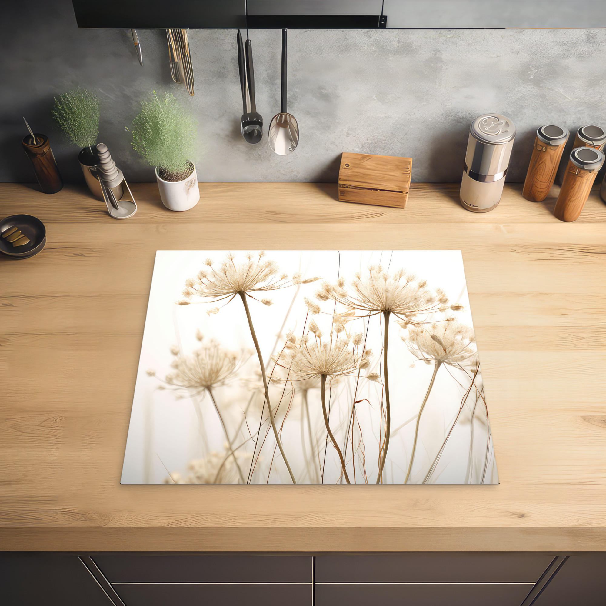 HERDABDECKPLATTE Blumen - Weiß - Sonnenlicht 59x51 cm - Ecru, Kunststoff (59/0.2/51cm) - MuchoWow