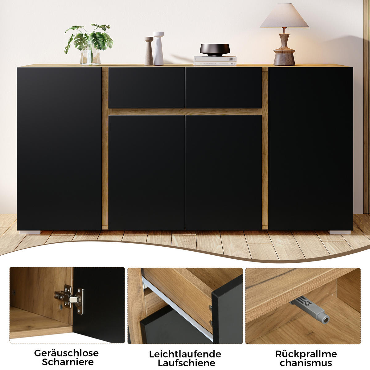 SIDEBOARD Schwarz & Naturholz 140cm mit 4 Türen 2 Schubladen - Schwarz, Holzwerkstoff (140/70/35cm) - Urban Meuble
