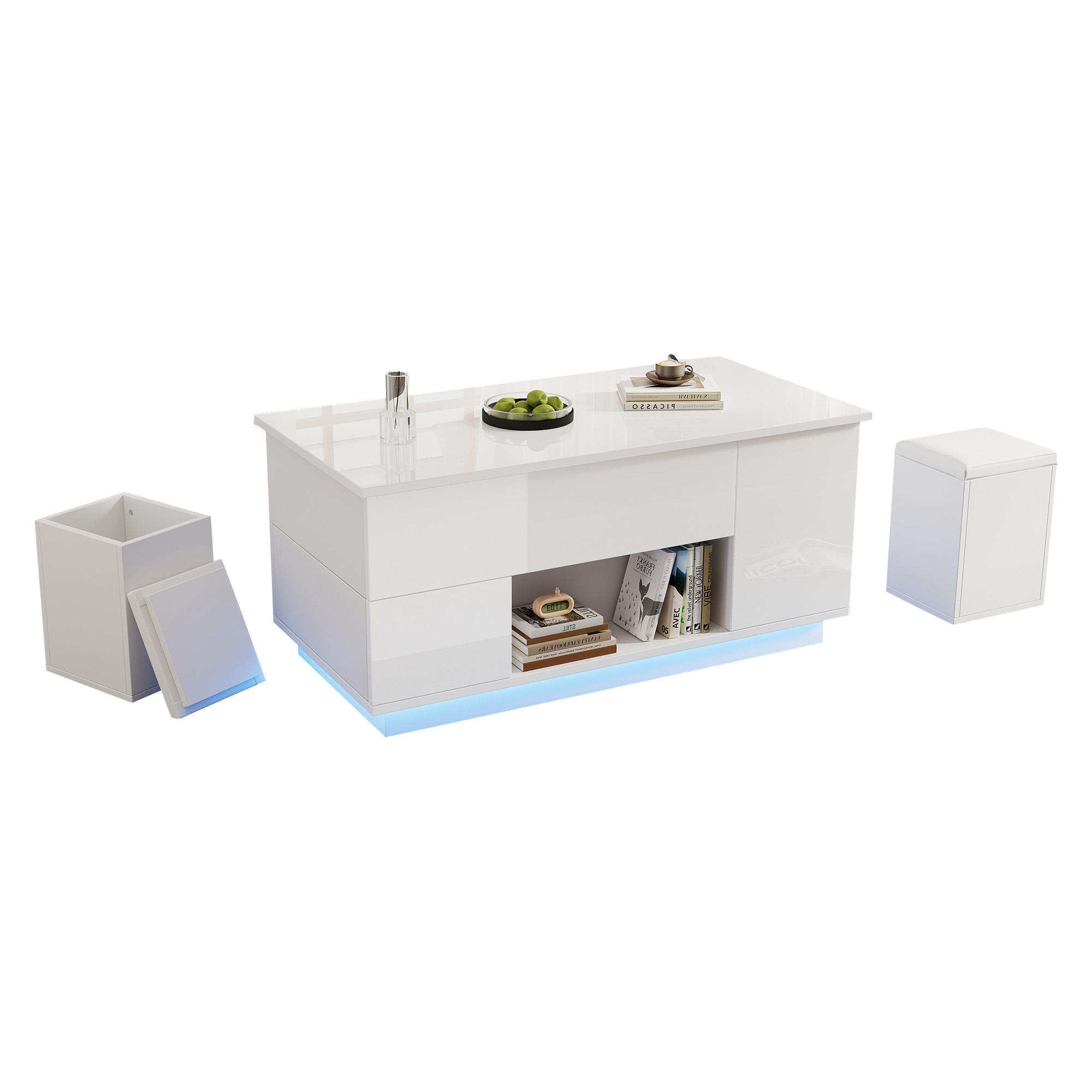 COUCHTISCH mit LED-Beleuchtung höhenverstellbar,verstecktem Stauraum Hochglanz 100/50/45 cm - Weiß, Holzwerkstoff (100/50/59cm) - EVRYAE