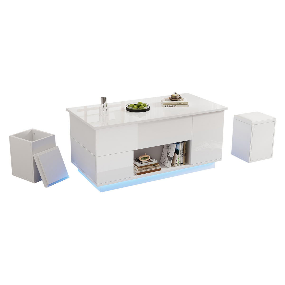 COUCHTISCH DE-042 Lift LED 3-tlg. Weiß - Weiß, Holzwerkstoff (50/100/45cm) - ComfortXL