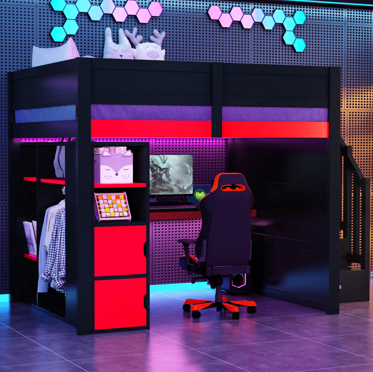 HOCHBETT aus MDF und Sperrholz 140x200 cm Schwarz/Rot mit Schreibtisch, LED-Beleuchtung und Treppe mit Stauraum - Schwarz, Holzwerkstoff (140/200cm) - Modfu