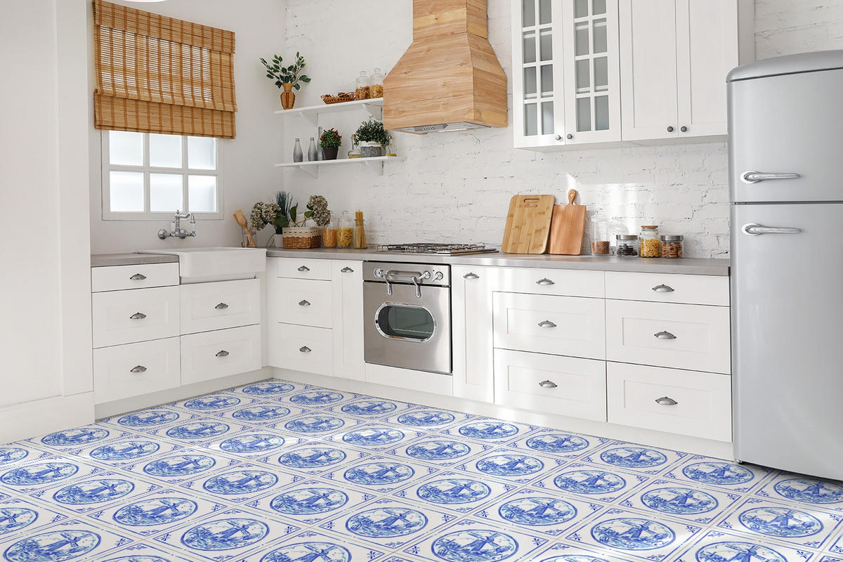 FLIESENAUFKLEBER 9 Stück 30x30 cm selbstklebend Windmühle im Azulejos-Stil - Blau, Textil (30/1.6/30cm) - TULUP