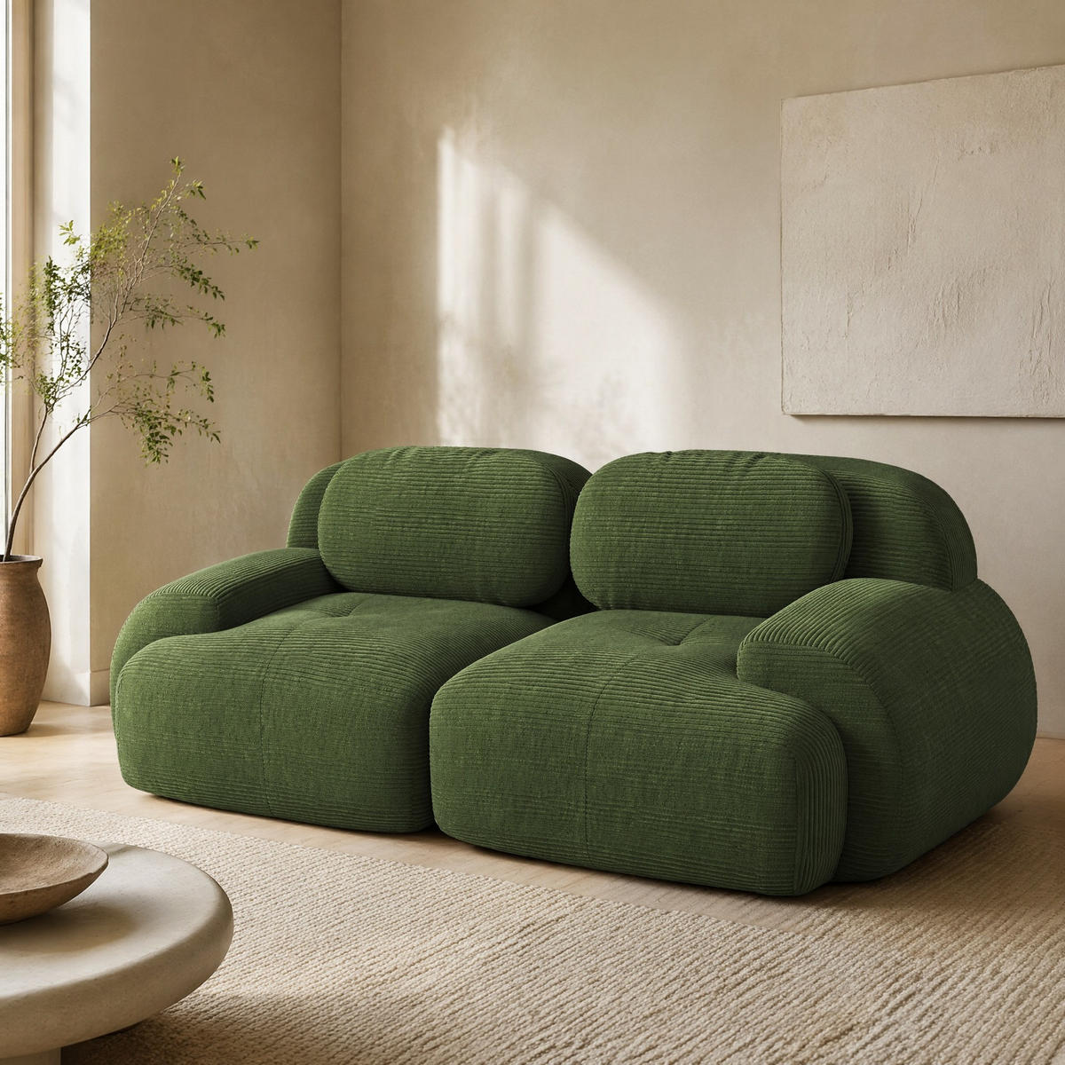 SOFA 2-Sitzer in Grün aus Cord mit modularem Design und geschwungenen Armlehnen - Grün, Textil (208/75/103cm) - CHICFURN