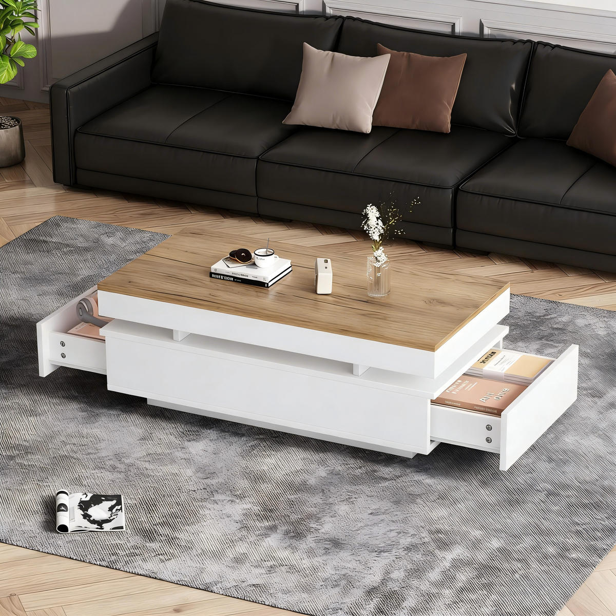 COUCHTISCH LED Weiß Holzton 2 Schubladen 100x50x35cm Hochglanz - Multicolor, Holzwerkstoff (100/50/35cm) - FLIEKS