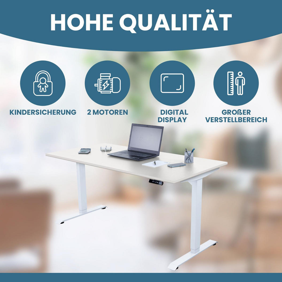 SCHREIBTISCH elektrisch Premium höhenverstellbar ergonomisch 3 individuelle Höhen - Weiß, Metall (80/120/70cm) - Schaff