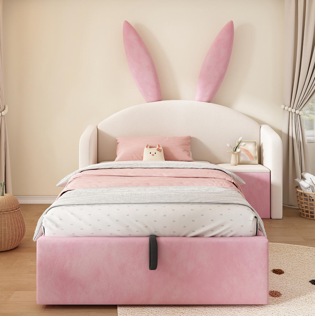 BETT mit Stauraum und Nachttisch 90x200 cm Samt Beige/Rosa - Rosa, Metall (90/200cm) - Beauniv
