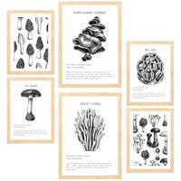 POSTER Set Mit 6 Schwarz Weiße Pilzkomposition A3 & A4 Rahmen Aus Hellem Holz - Beige, Papier (29/3cm) - Nacnic