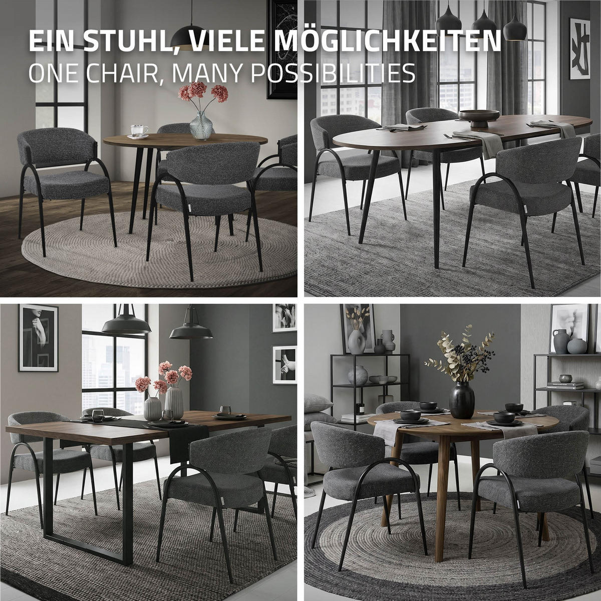 ESSZIMMERSTUHL 2er Set Küchenstühle gepolstert mit Webstoff-Bezug und Arm- und Rückenlehne Anthrazit - Anthrazit/Schwarz, Textil/Metall (54/81/65cm) - ML-DESIGN