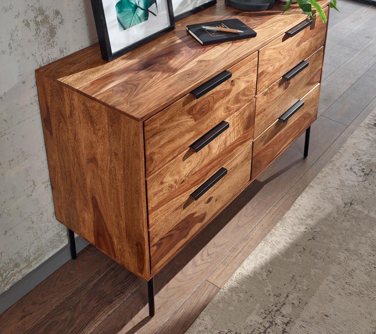 KOMMODE – Massivholz/Metall, 117x80x42 cm, 6 Schubladen, Industrial-Stil - Schwarz/Braun, Holz/Metall (117/80/42cm) - KADIMA DESIGN