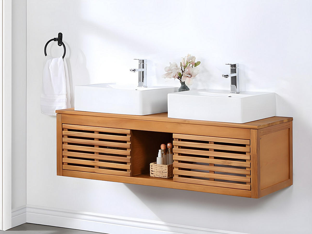 DOPPELWASCHTISCH - 130 cm x 50 cm - Keramik, Holz, Platte - Naturfarben Dunkel - PENEBEL - Naturfarben, Keramik/Holz (130/40/50cm) - Vente-Unique