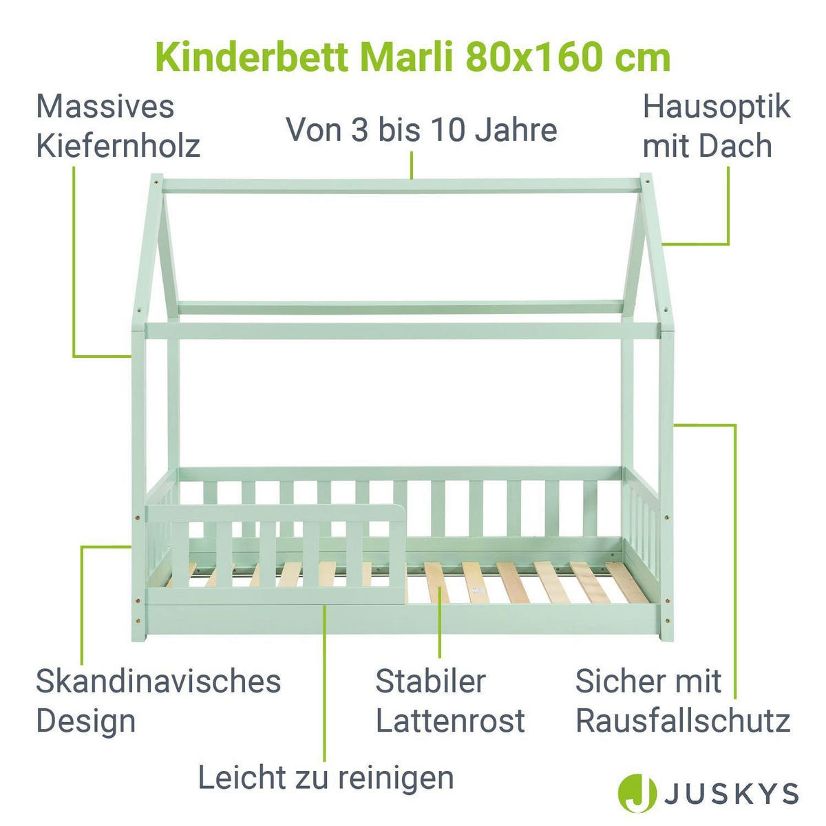 KINDERBETT Marli mit Matratze mint 80x160 cm - Grün, Holzwerkstoff (80/160cm) - Juskys
